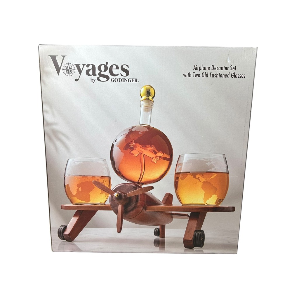 Godinger Voyages Airplane Decanter Set with 2 Globe Glasses Mahogany Wood Stand